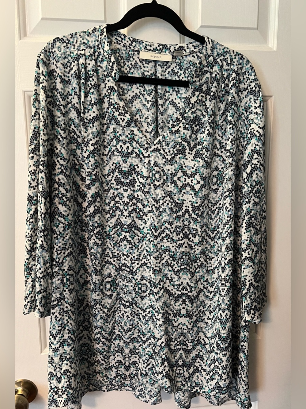 Teal and Blue Patterned Women's Notched Collar Tunic